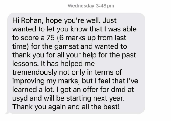Student message screenshot saying they scored 75, up 6 marks, and received a DMD offer at USYD.